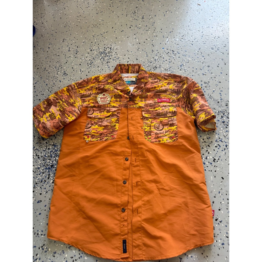 Magellan Outdoors Shiner Beer Button Up Shirt Short Sleeve Fishing Camp Small